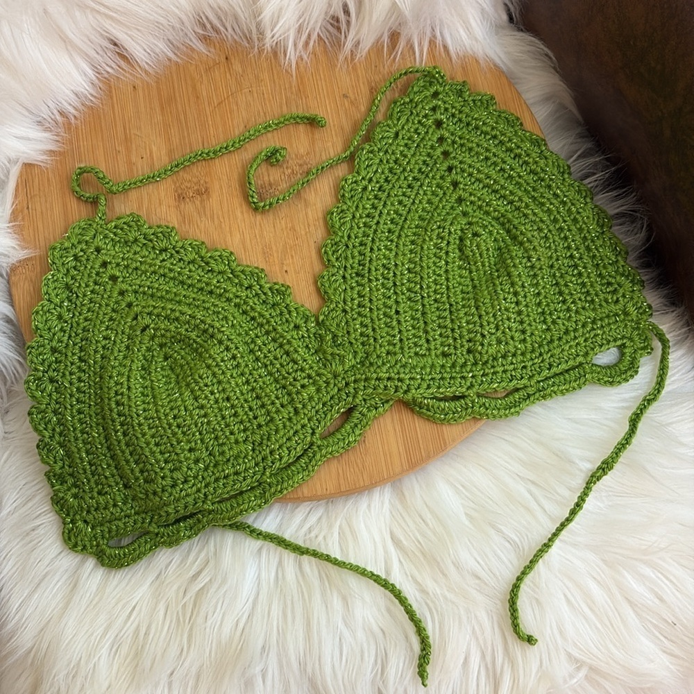 Handmade Cropped Top Crochet Bikini Green Metallic Festival Fashion Small - Picture 8 of 8